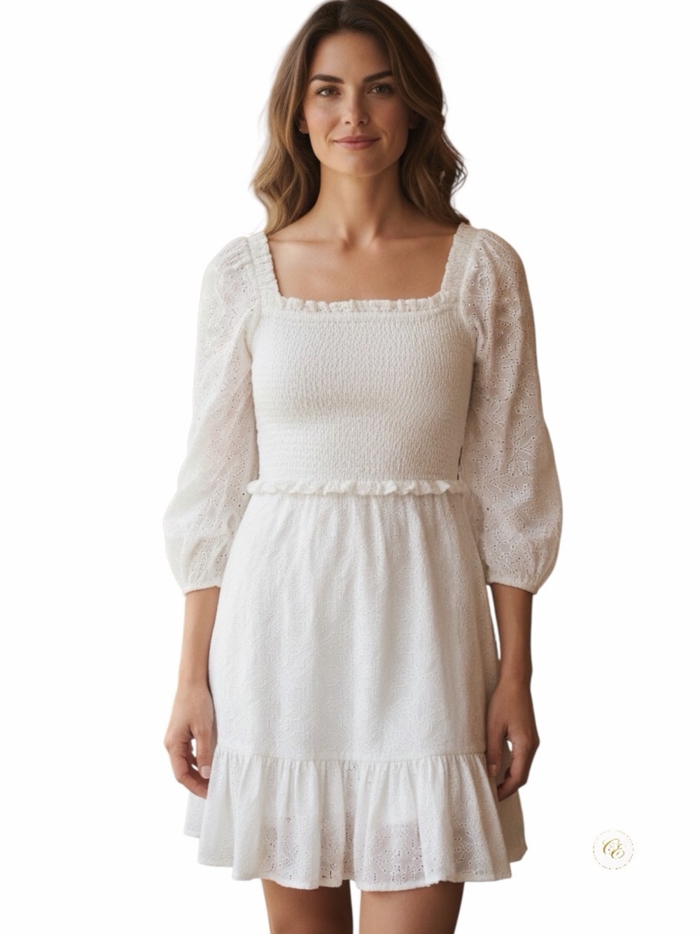Veronica Beard White Eyelet Smocked Mini Dress | Square Neck | Size 4